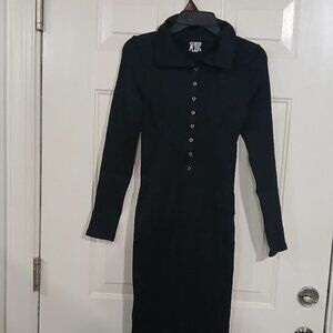 OQQ Women's Long Sleeve Maxi Dress Snap Button Ribbed Bodycon Dress Black